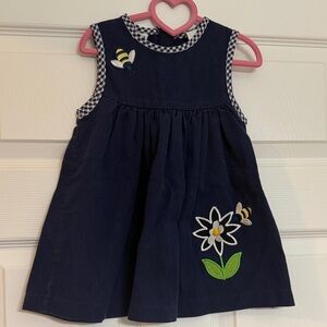 Navy Blue Sleeveless Kids Dress with Embroidered Flowers